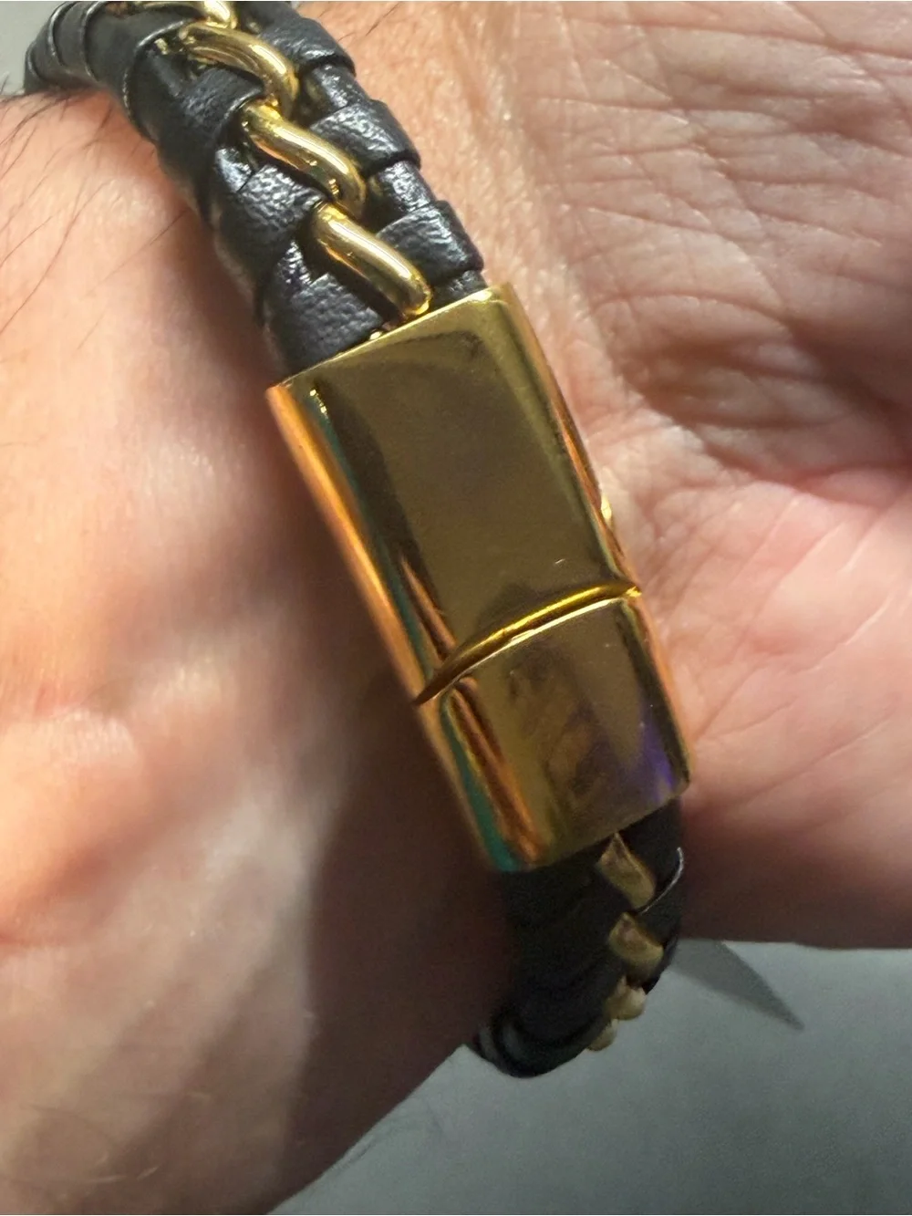 Talidara Braided Black Leather Bracelet with Gold Chain Accent 2 3/8 diameter